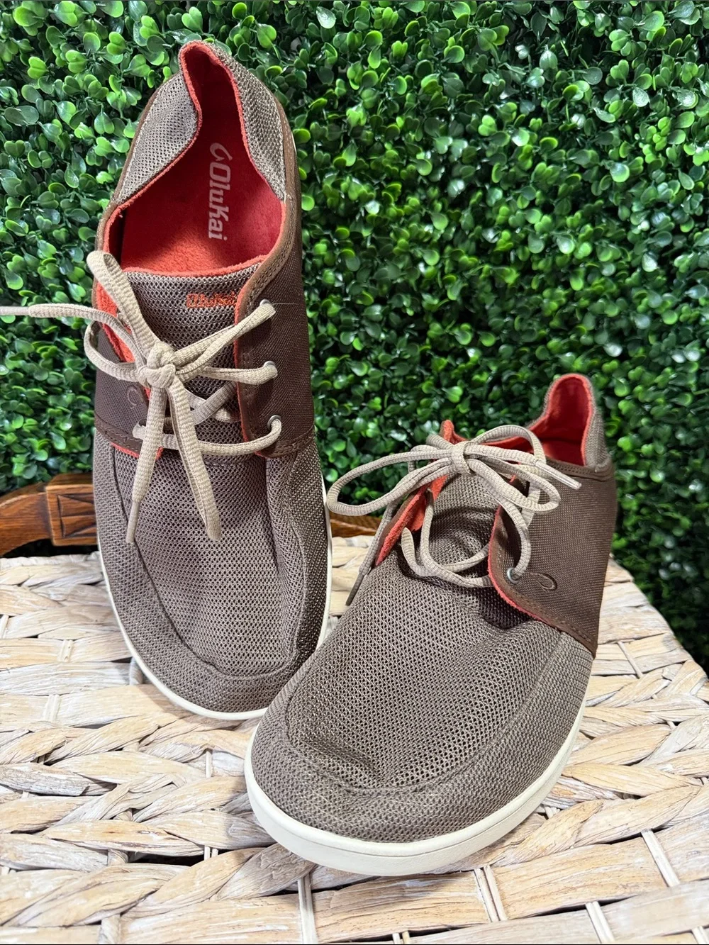 OluKai Men’s Brown Mesh Sneakers with Red Lining